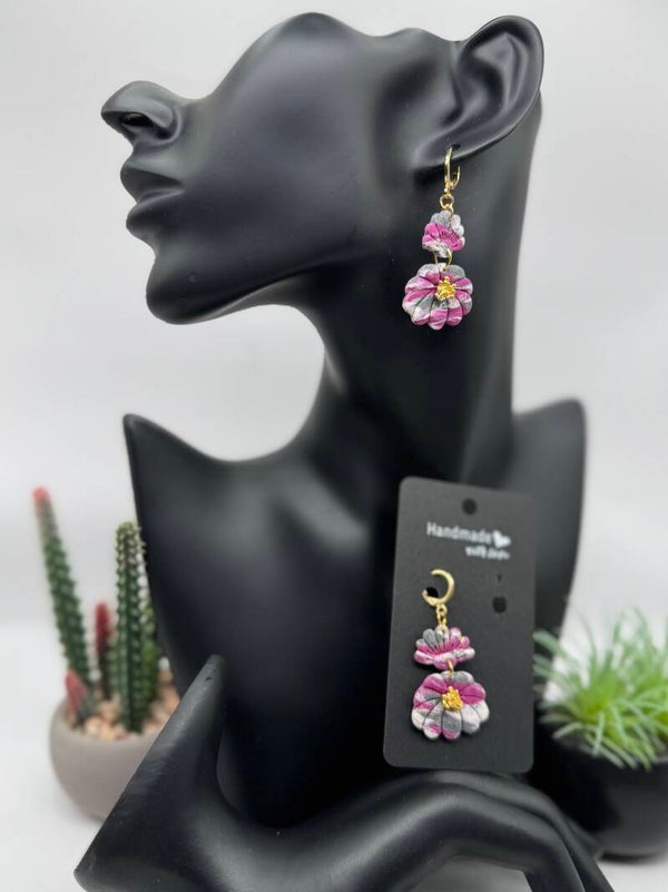 Pink, Gray & White Double flower Earring
