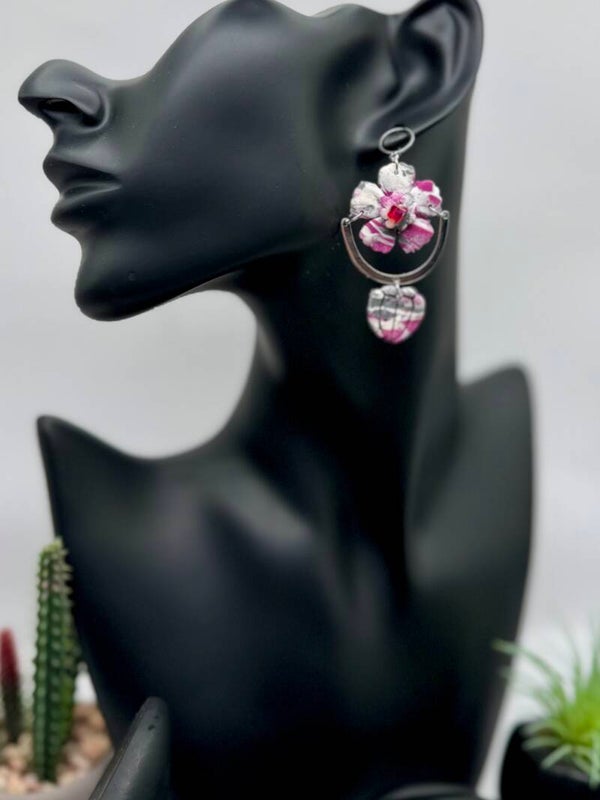 Pink, Gray, White Flower Arch Earrings