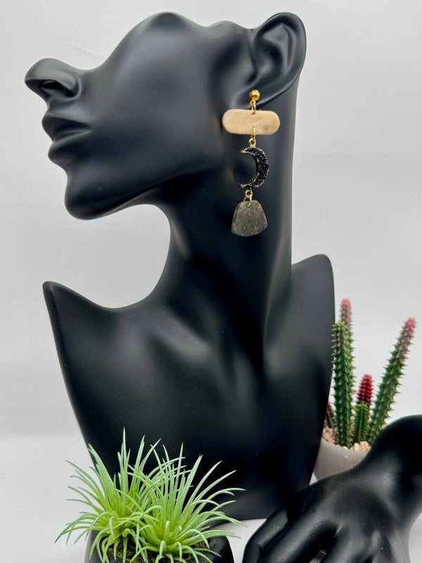 Black & Beige Crescent Moon Earrings