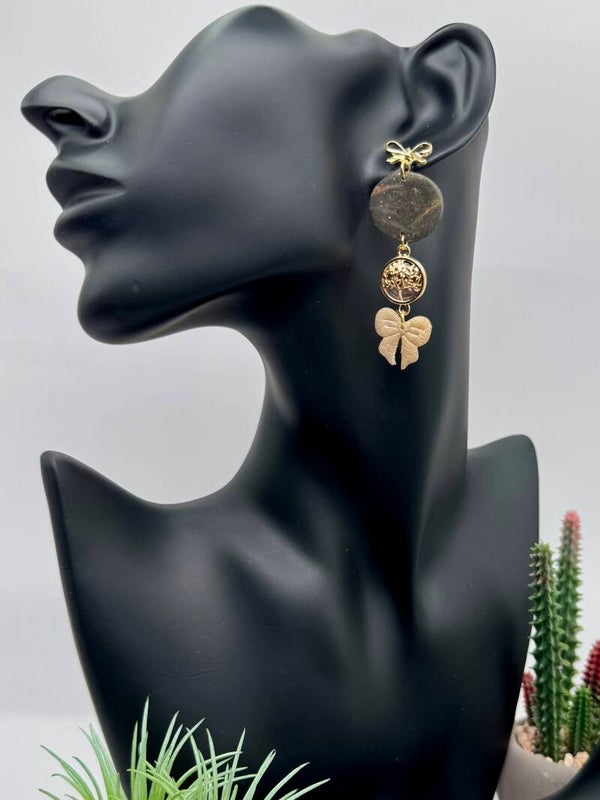 Bronze Black & Cream Bow Earrings