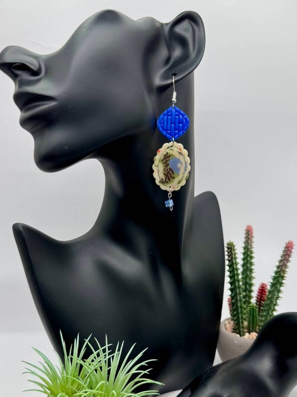 Royal Blue & Cream Oval Earrings