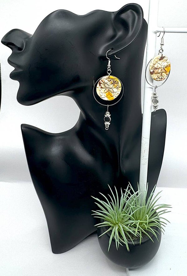Yellow, Brown Circle Quilt Earrings