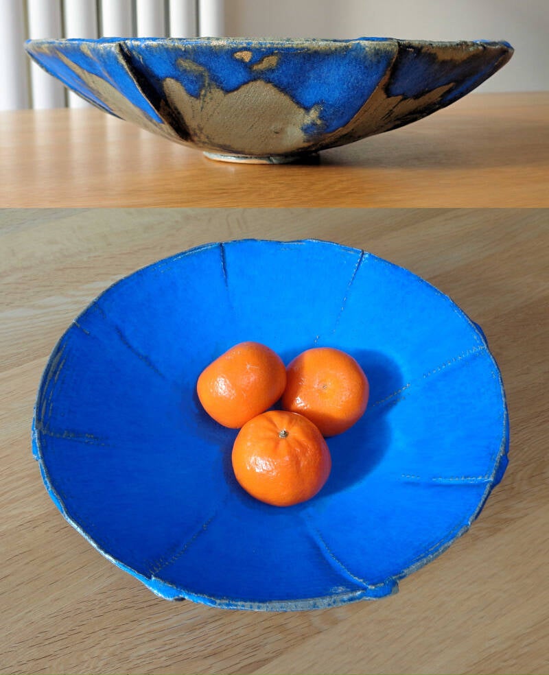 Wares: Turbine Bowl - shallow folded ('origami') bowl with 'velvet' blue finish 270mm diameter.