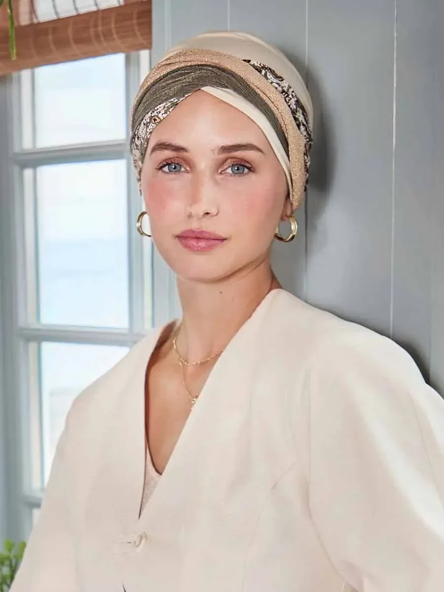 HocShakti Turban w. Printed Headband | Wheat Beige w/Romance