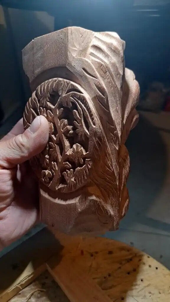 Vertical Wooden Ornament – Carved Column with Floral Motifs