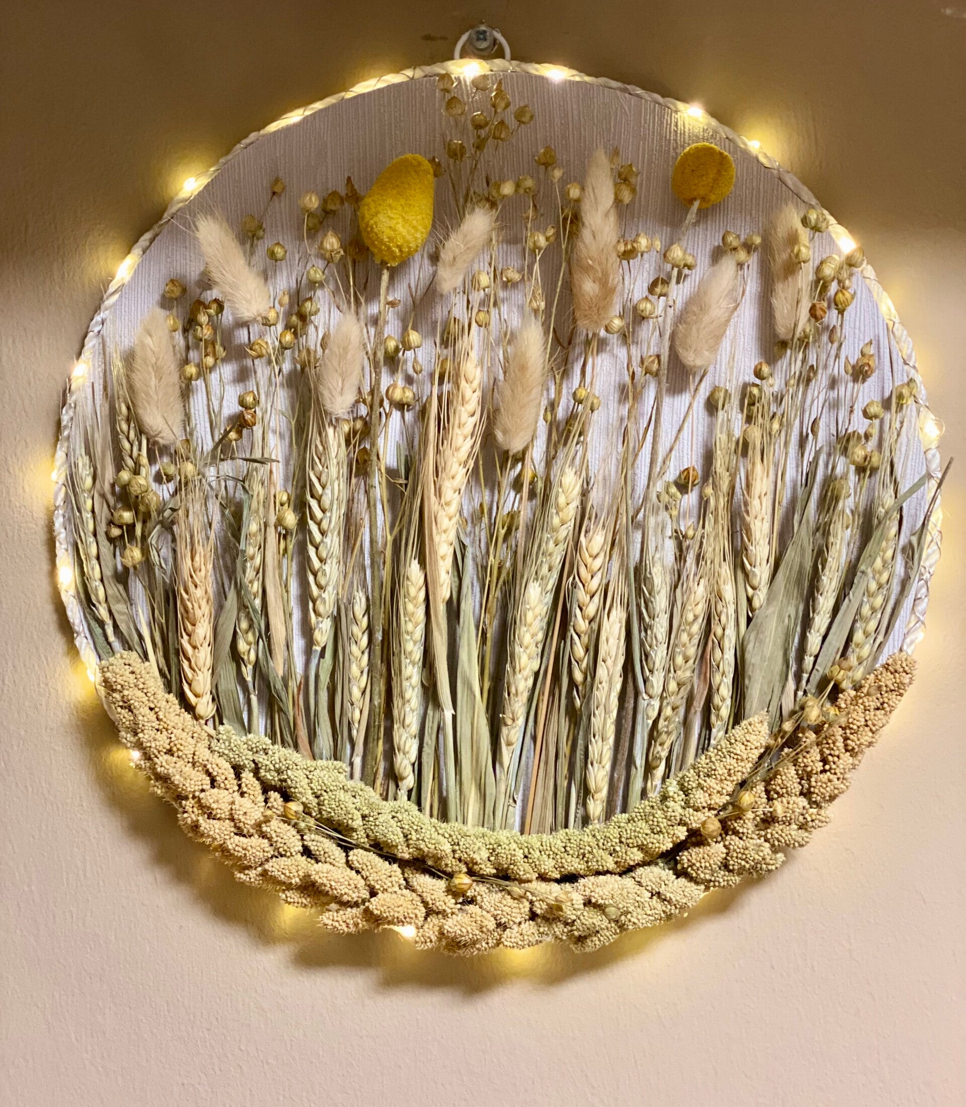 🌾 Blütenlicht 🌟  handgemachtes Trockenblumen-Wandbild mit Lichterkette