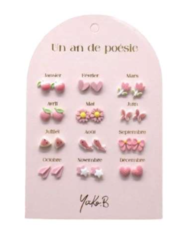 Boucles d'oreilles Un an de poésie Rose 12 Paires