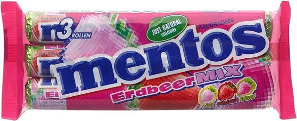 Mentos aardbei mix (pack 3 rollen)