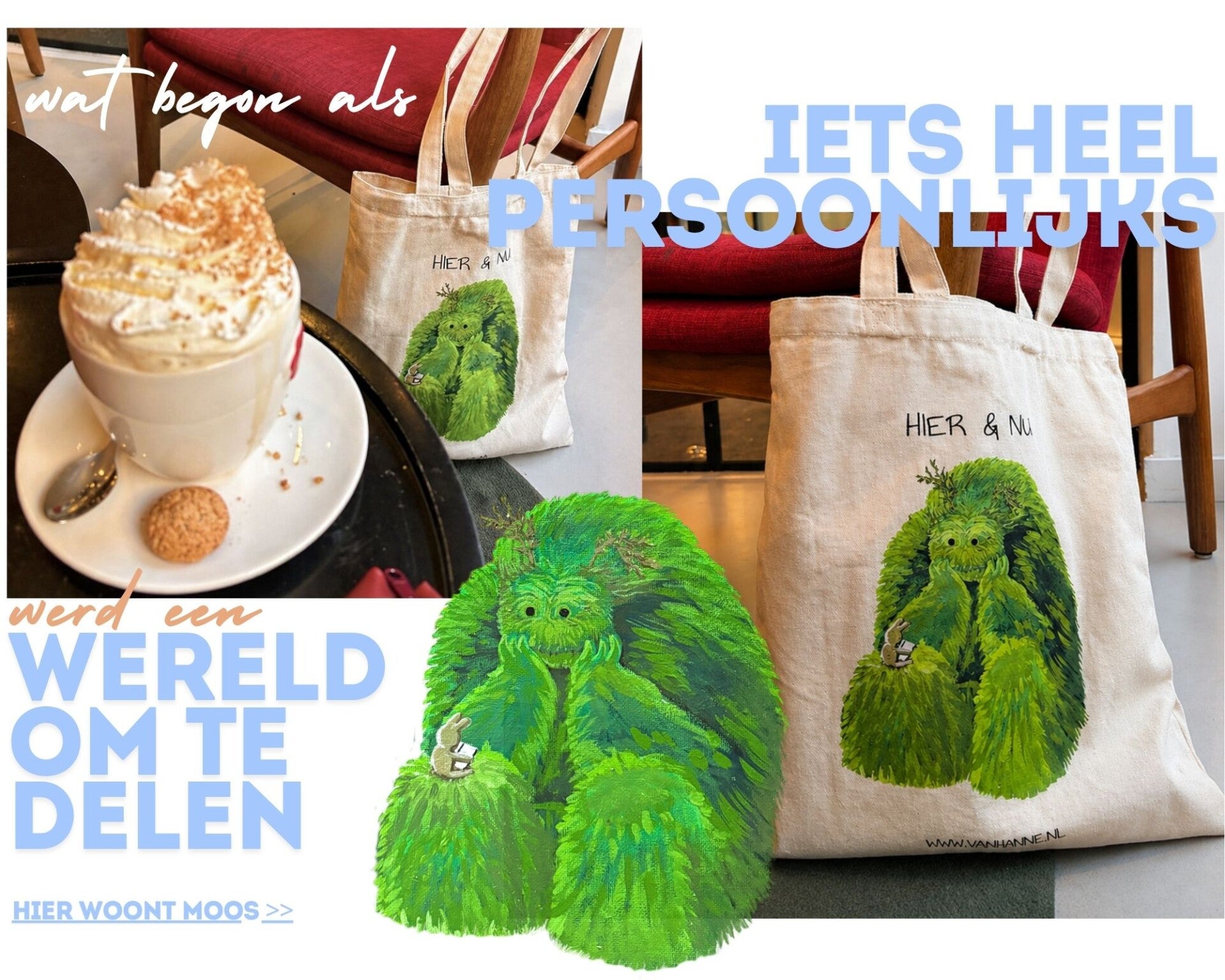 Handgemaakte tote bag met mosmonster Moos, illustratie schoudertas kopen, origineel cadeau voor haar, slow living, Van Hanne Nederland