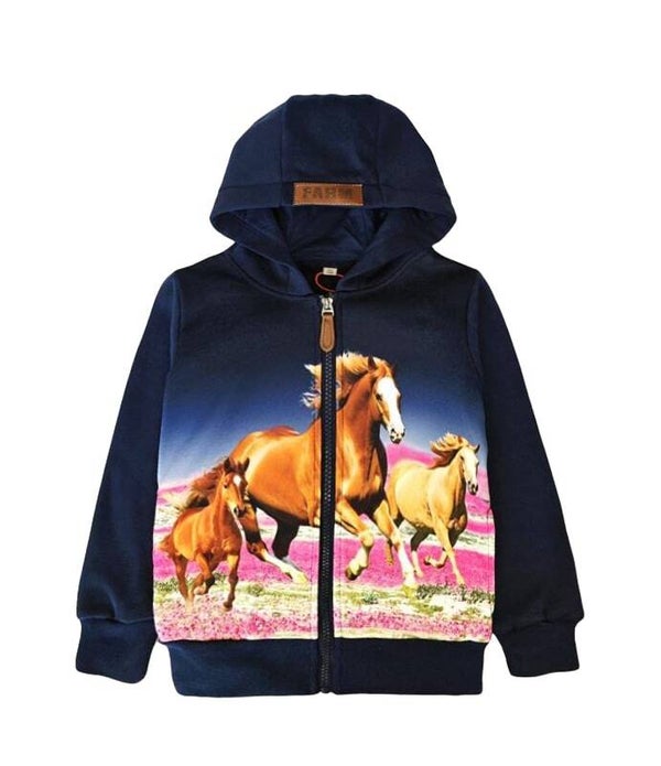 Donker blauw vest met paarden op heide