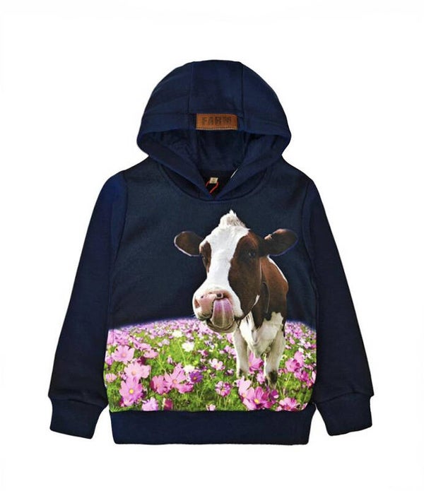 Donker blauwe hoodie met koe