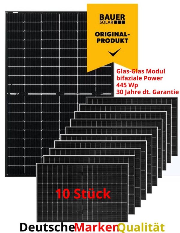 10 Stück PV Glas Glas Solarmodul 4,45 kWp Typ: Bauer 445Wp Glas-Glas Pure