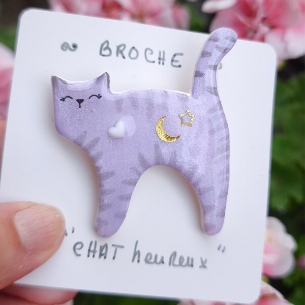 Broche « Chat Heureux » Perle de Nuit