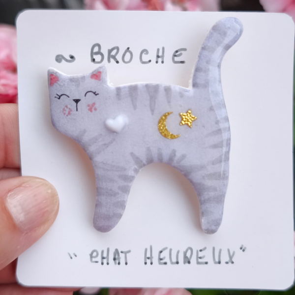 Broche « Chat Heureux » Poussières d'Etoiles