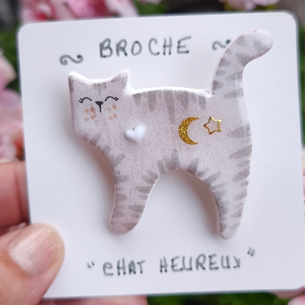 Broche « Chat Heureux » Clair de Lune