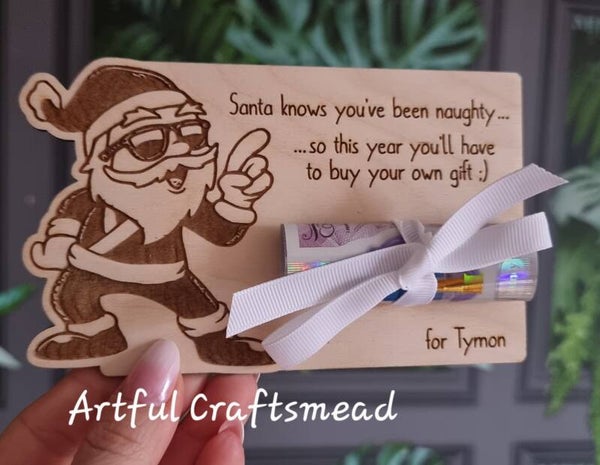 Funny Personalised Santa Money Gift Holder – Naughty Christmas Card Alternative – Wooden Voucher Tag – English or Polish Text