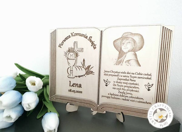 First Holy Communion Keepsake Plaque, Pamiątka Pierwszej Komunii Świętej otwarta Biblia ze zdjęciem