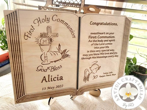 First Holy Communion Keepsake Plaque Keepsake, Karta otwarta Biblia, Pamiątka Pierwszej Komunii Świętej