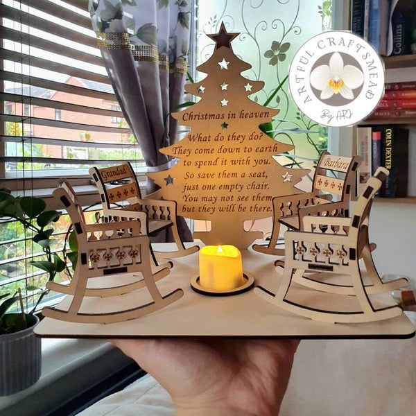 Personalised Wooden Christmas Candle Memorial Display, Rocking Chair, Keepsake, Remembrance, Family, Candlestick, Xmas Gift, Christmas Tree