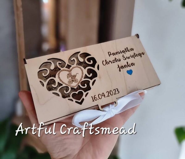 Personalised Wooden Heart Money Box • Baptism or First Birthday Gift • Custom Baby Keepsake Box for Boy or Girl