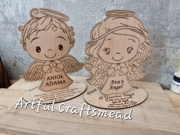 Wooden Standing Angels For First Holy Communion or Baptism  Girl and Boy, Personalised with name, date and sentence