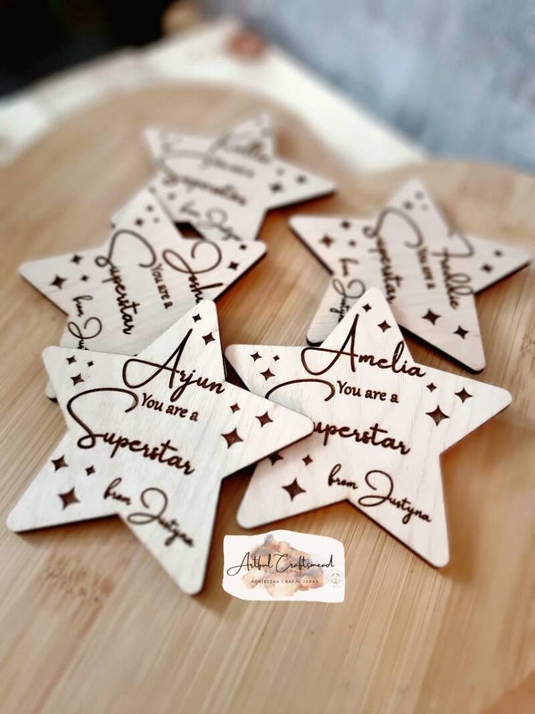 Handcrafted Star-Shaped Magnets and Keychains, Handcrafted from Plywood, Custom With Name And Message, Personalized Wooden Magnets, Keychain