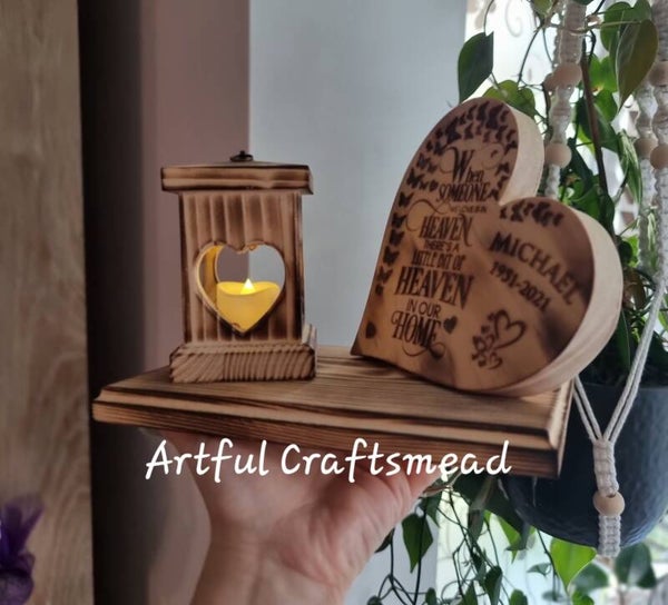Engraved Heart with Lantern Memorial, Wooden Heart Remembrance, In loving memory, Loves onec in heaven