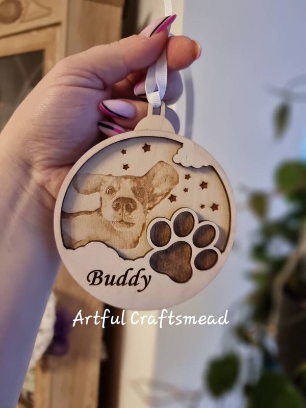 Personalised Pet Ornament – Custom Wooden Bauble with Pet Photo & Name – Dog Cat Christmas Decoration – Gift for Pet Lovers