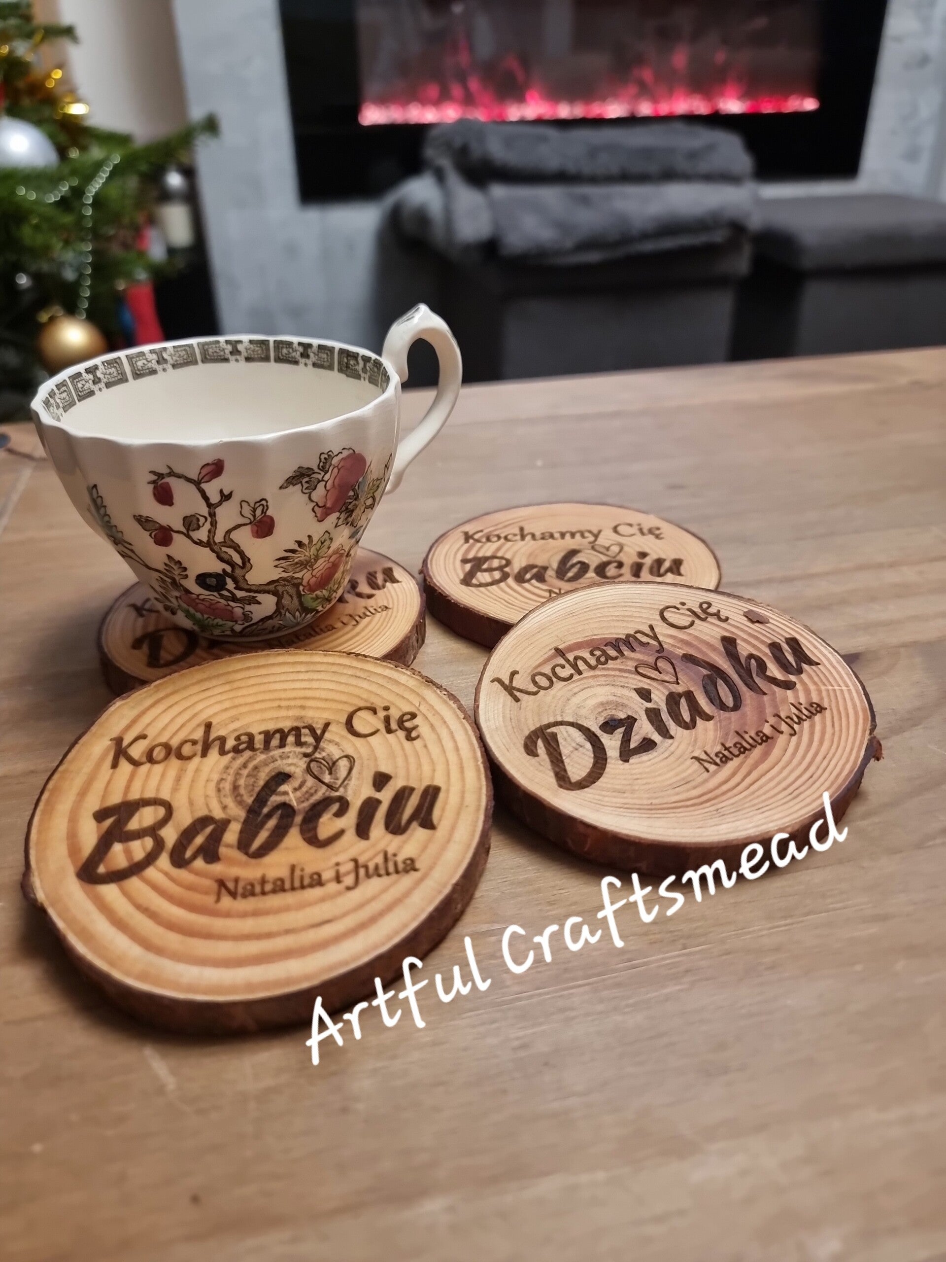 Pine Mug Coasters for Grandma and Grandpa, Personalizowane podkładki pod kubki z krążkow sosnowych dla Babci I Dziadka