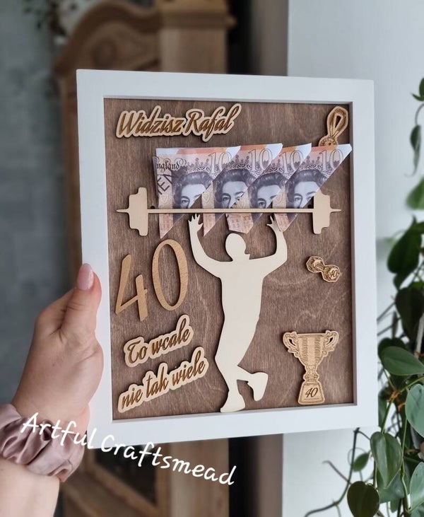 Funny Money Holder Birthday Frame – Gym Gift for Him – Weightlifting Cash Gift – Personalised 3D Wooden Art – Age Milestone Keepsake