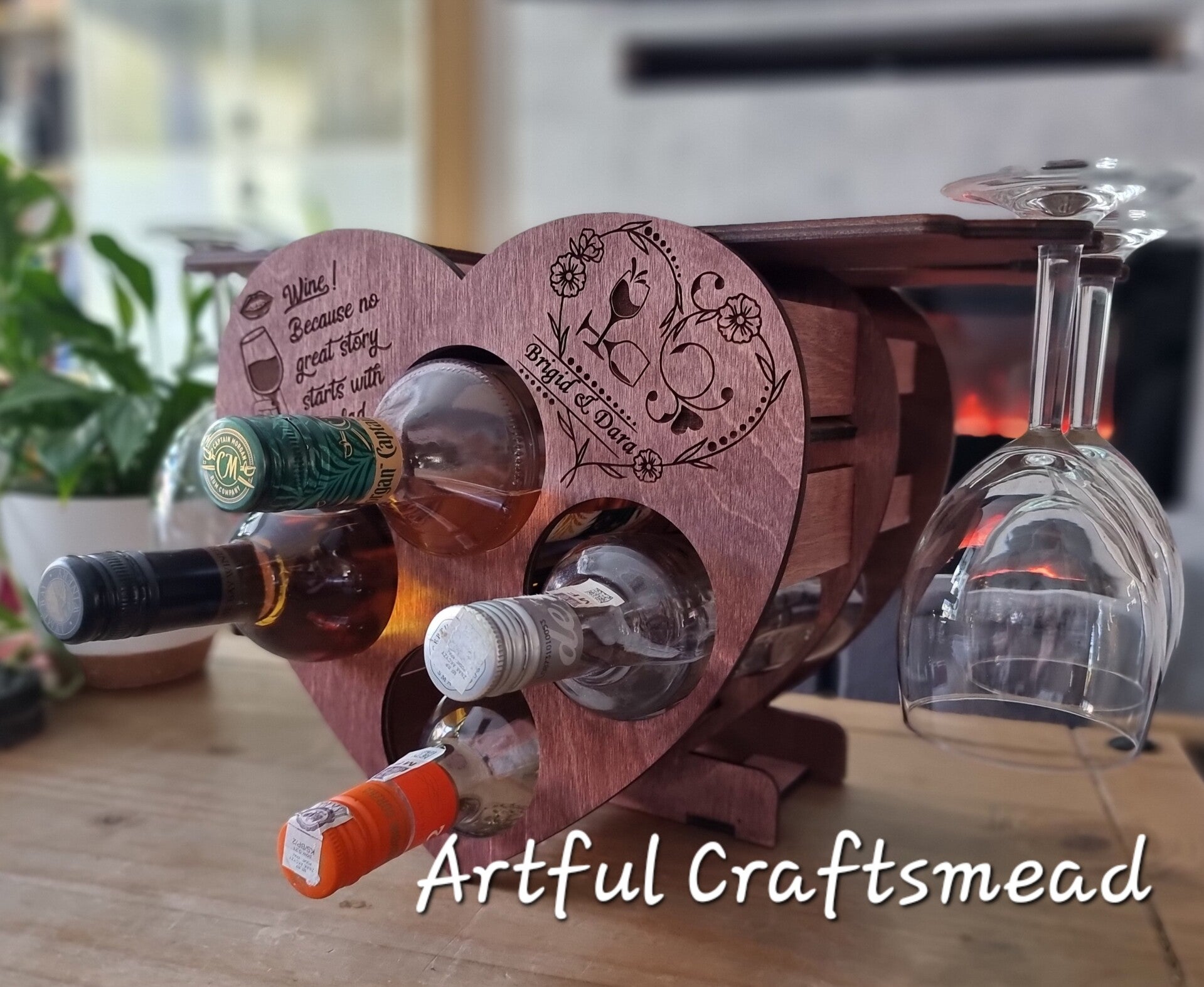 Heart-Shaped Personalized Wine and Glass Holder Stand, Wedding, Anniversary, Engagement Gift, Home Decor,