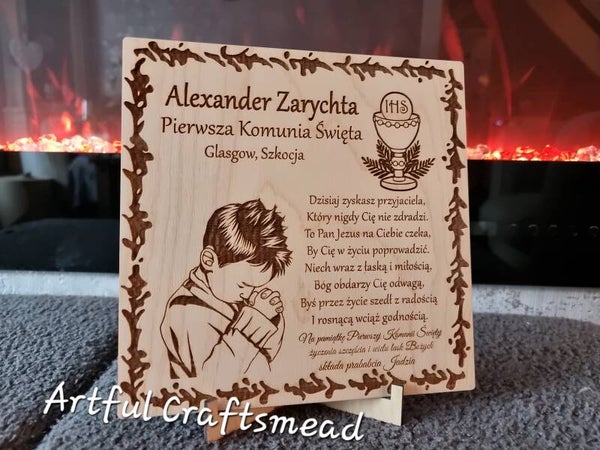 Personalized Wooden First Holy Communion Keepsake Gift Plaque, Custom With Name and Date and Wishes, Spersonalizowana drewniana tabliczka pamiątkowa z okazji Pierwszej Komunii Świętej