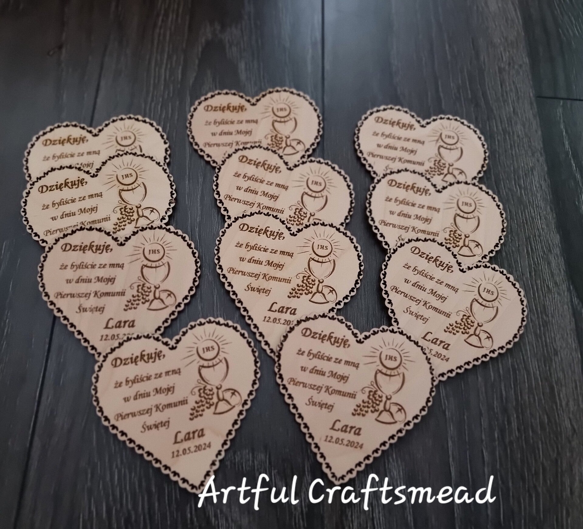 First Holy Communion Thank You Wooden Heart Magnets, Drewniane magnesy komunijne serca