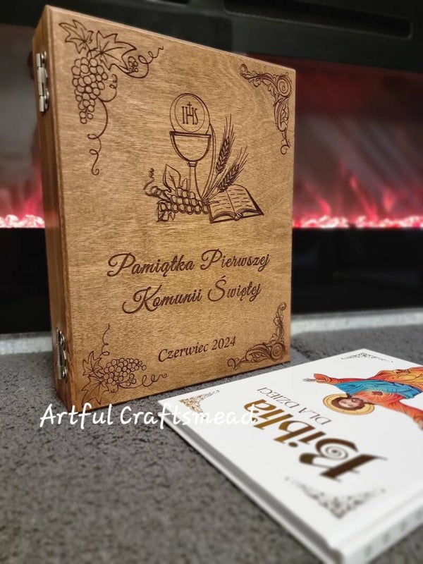 Personalized Wooden Keepsake Box for First Communion, Personalizowane drewniane pudełko na pamiątki z okazji Pierwszej Komunii