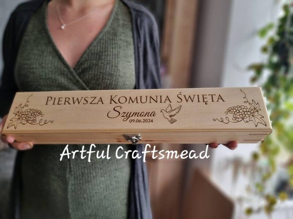 Handcrafted Pine Wood Candle Box for First Communion, Ręcznie robione pudełko na świece z drewna sosnowego na Pierwszą Komunię