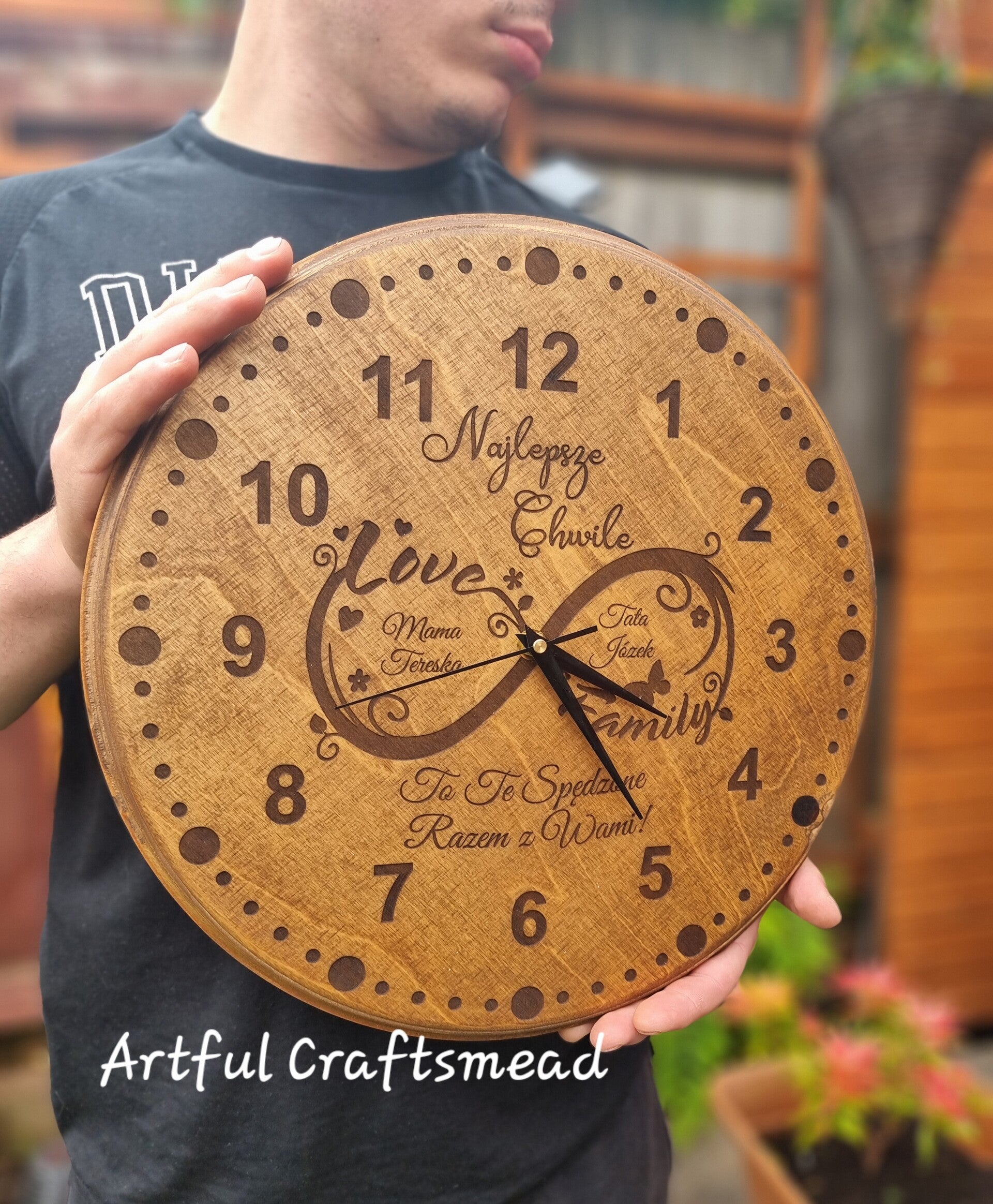 Personalized Wooden Wall Clock: "Love Family" Infinity Design,  Custom With Names, Custom With Message, quotes