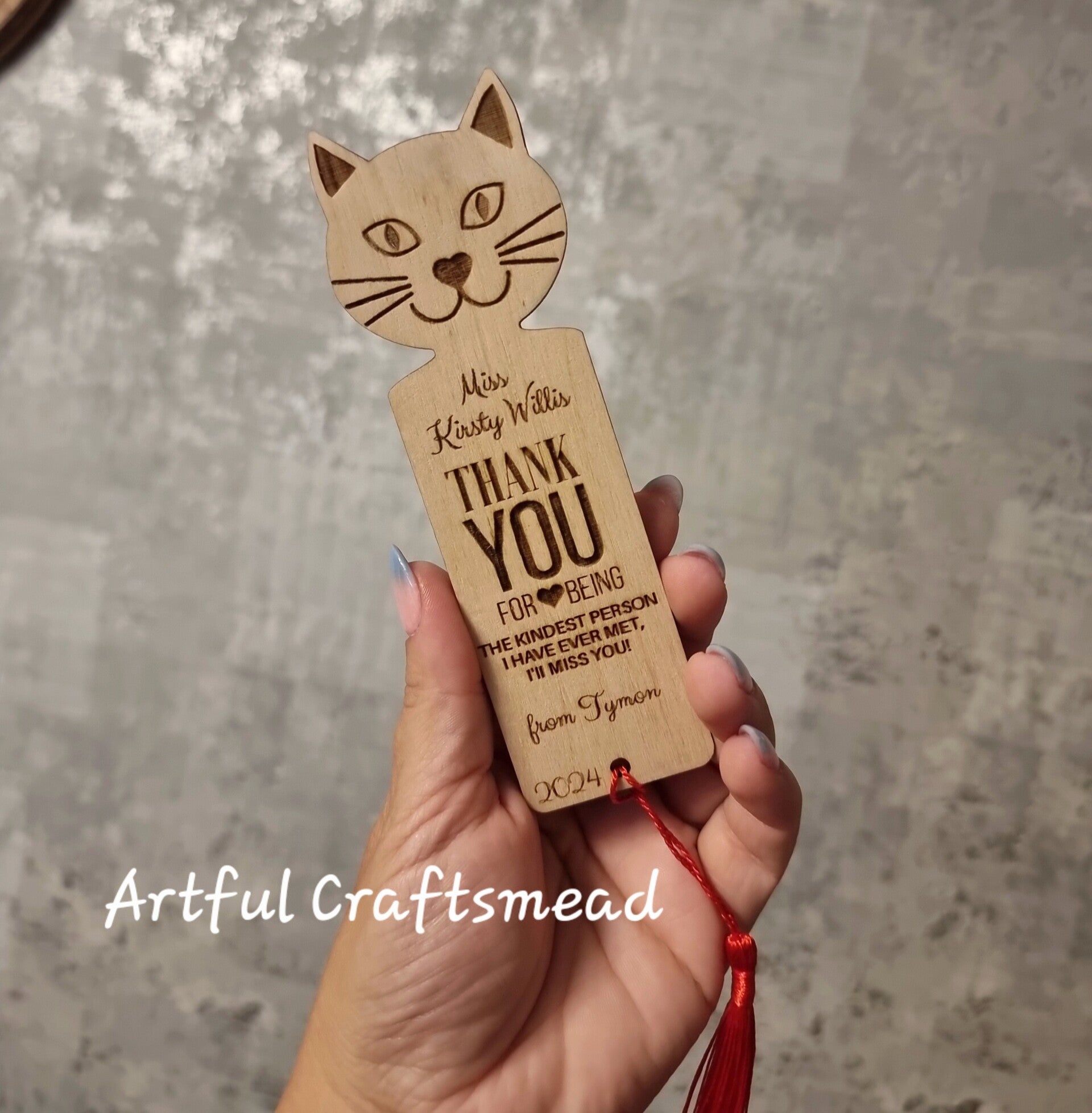 Personalised Wooden Bookmark – Cat Design Thank You Gift for Teacher