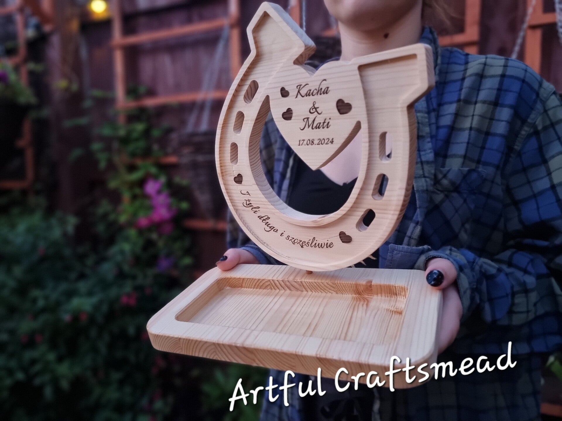 Personalized Pine Wood Horseshoe with Bowl, Unique Wooden Gift For Wedding, Anniversary, New Home, All Occasion, Perfect Home Decor