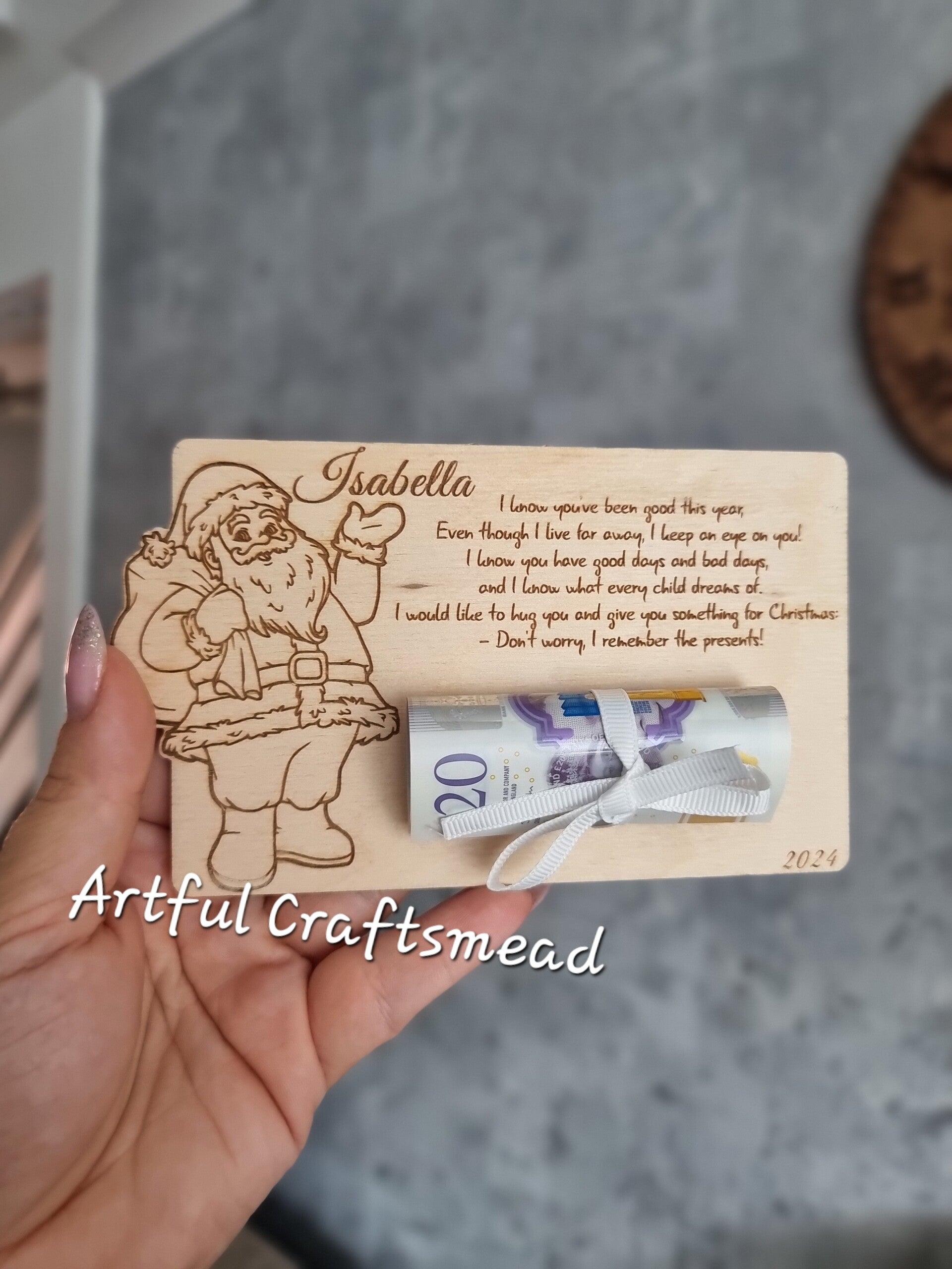 Personalized Custom Wooden Christmas Card with Engraved Santa Claus, Bon Voucher Cash, Wooden Card For Cash, Unique Way for gift money