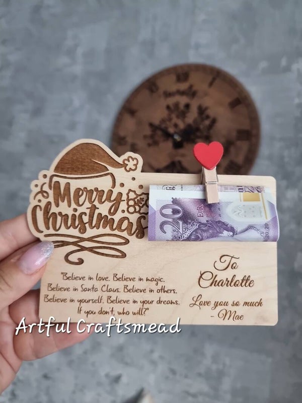 Personalized Custom Wooden Christmas Card for Money Gifts, Bon Voucher Cash, unique way for gift money, Card Wooden for cash