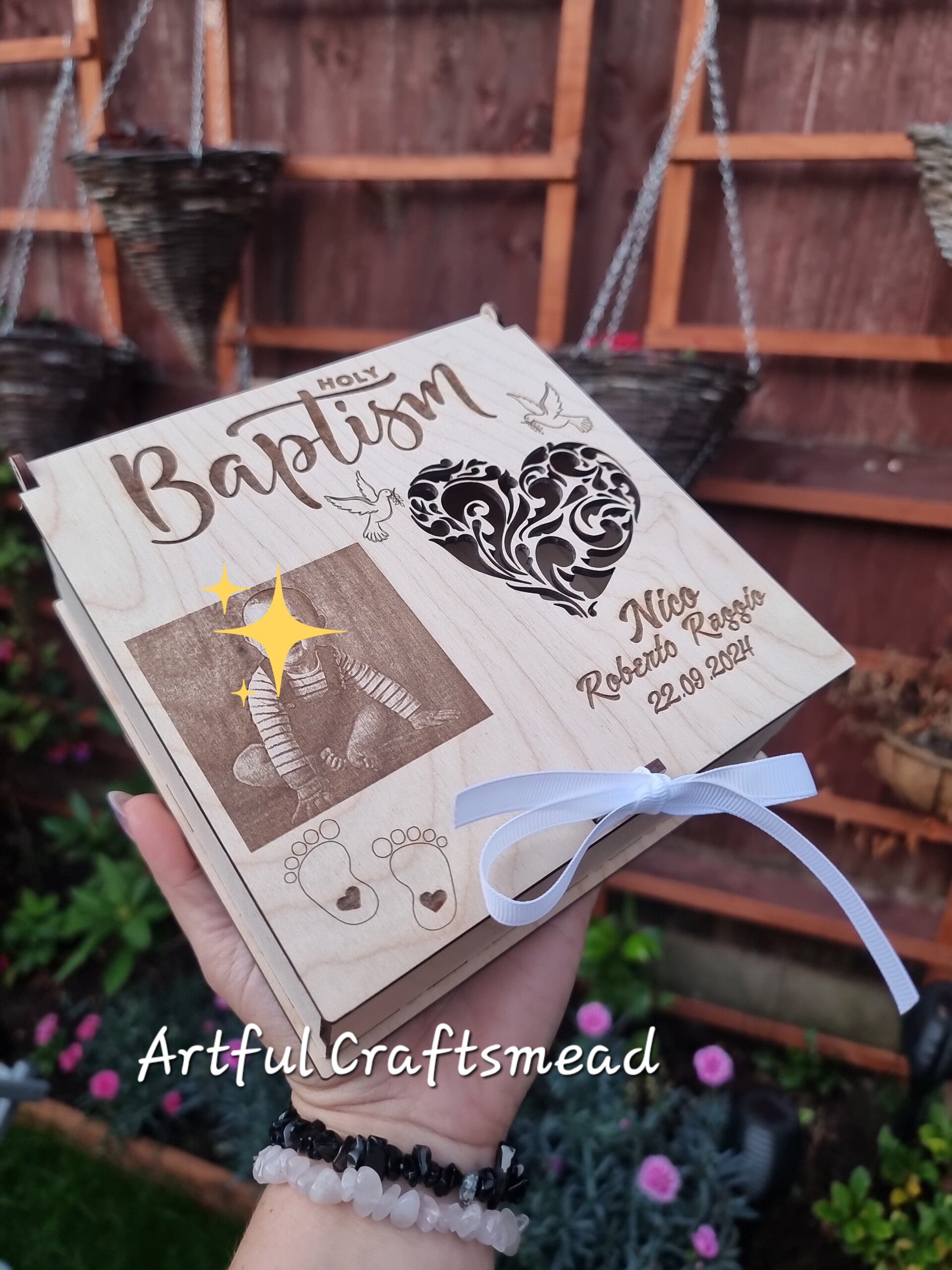 Personalized Wooden Box With Name Date and Photo Engraved, For Baptism Gift