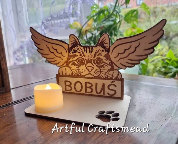 Personalised Beautiful Cat Memorial - A Cherished Tribute, Cat with Wings Angel, Light