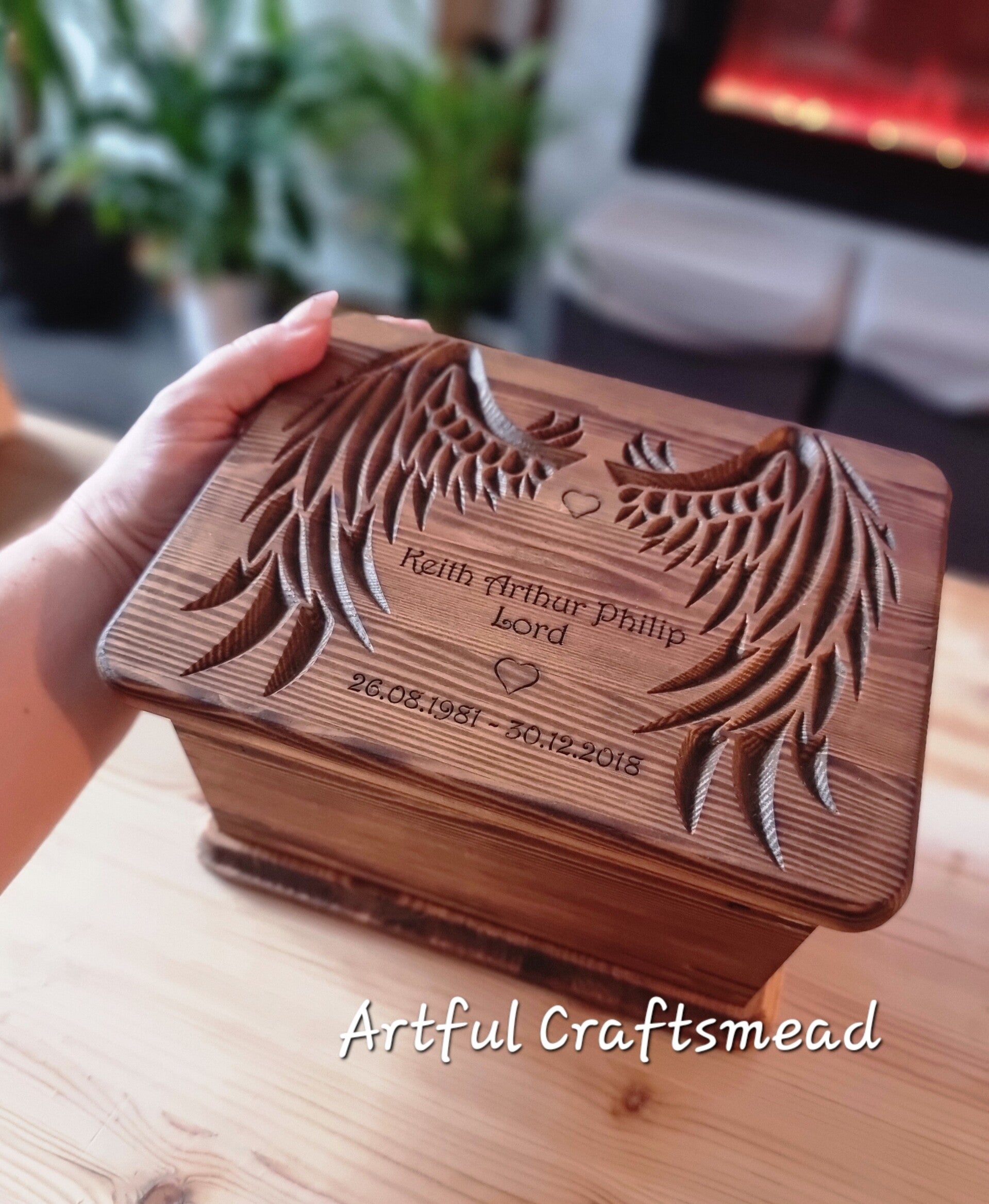 Personalised Wood Urn, Handcrafted Pine Wood Urn with Angel Wings Engraving, With Names And Date