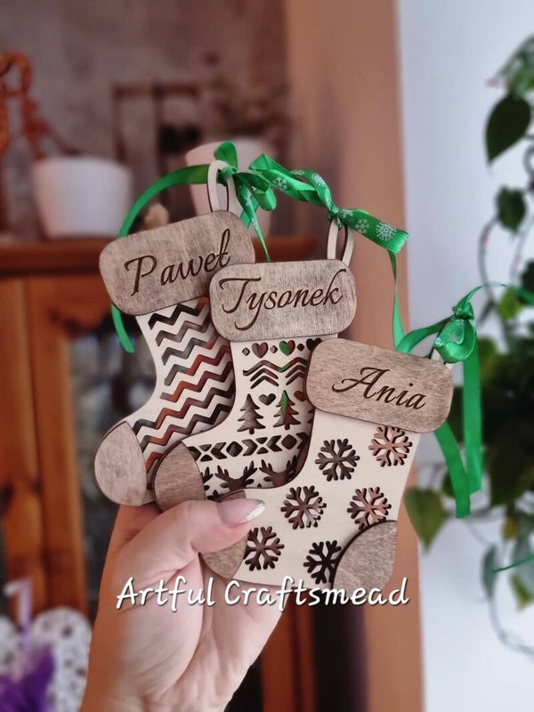 Personalised With Names Wooden Socks Bauble, Deck the Halls with Our Charming Plywood Stocking Ornaments