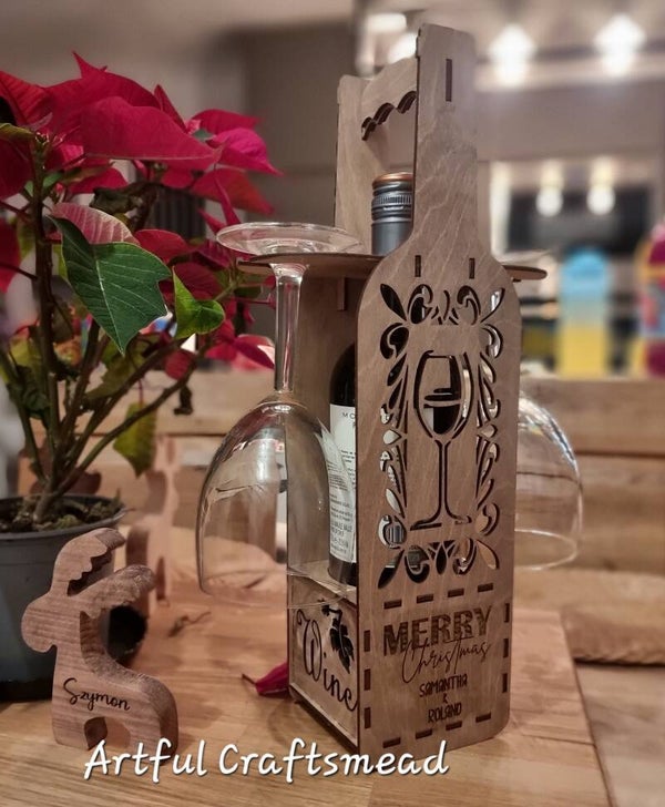 Personalised Wooden Wine Bottle Holder with Glass Slots – Custom Gift Box with Text – Wine Carrier with Engraving