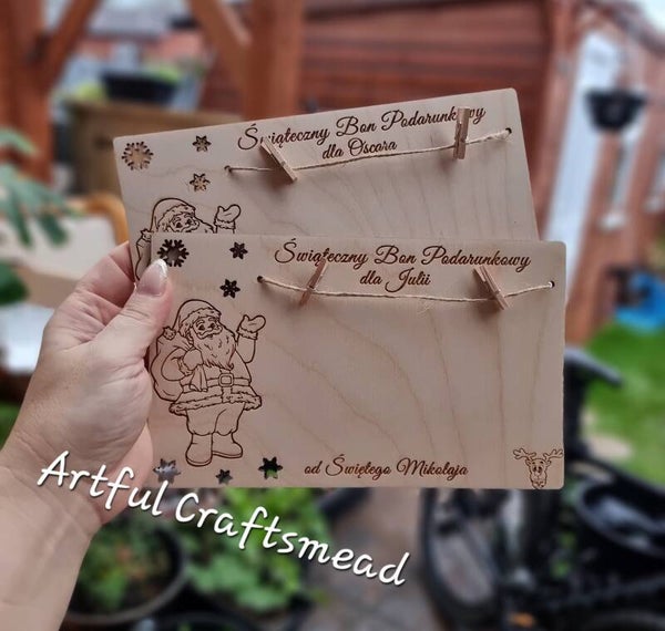Christmas Money Holder – Personalised Wooden Gift Voucher Card – Santa Elf Design – Stocking Filler for Kids