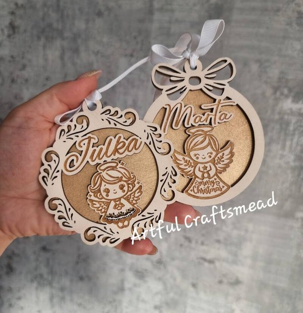 Personalised Angel Christmas Bauble – Wooden Tree Ornament – Custom Name Gift – 2 Designs