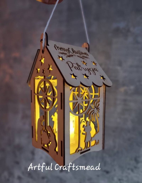 Personalised Wooden Christmas Lantern – House-Shaped Nativity Scene with Custom Roof Text & LED Tealight