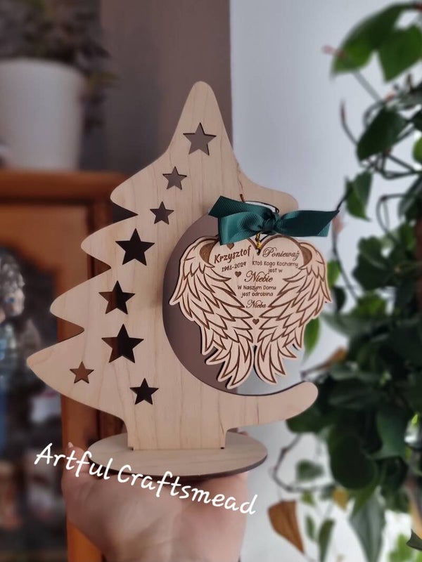 Personalised Wooden Memorial Christmas Tree – Angel Wings Ornament with Name – In Loving Memory Gift