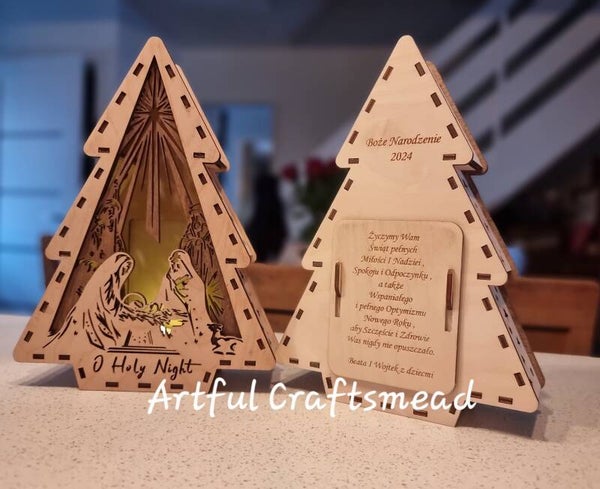 Personalised Nativity Christmas Tree Lantern – Wooden Holy Family Scene with LED Tealight – Custom Message on Back